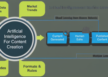 AI-powered content creation flowchart showing how artificial intelligence uses existing content, market trends, and data sources to generate, edit, and publish optimized content with human feedback.
