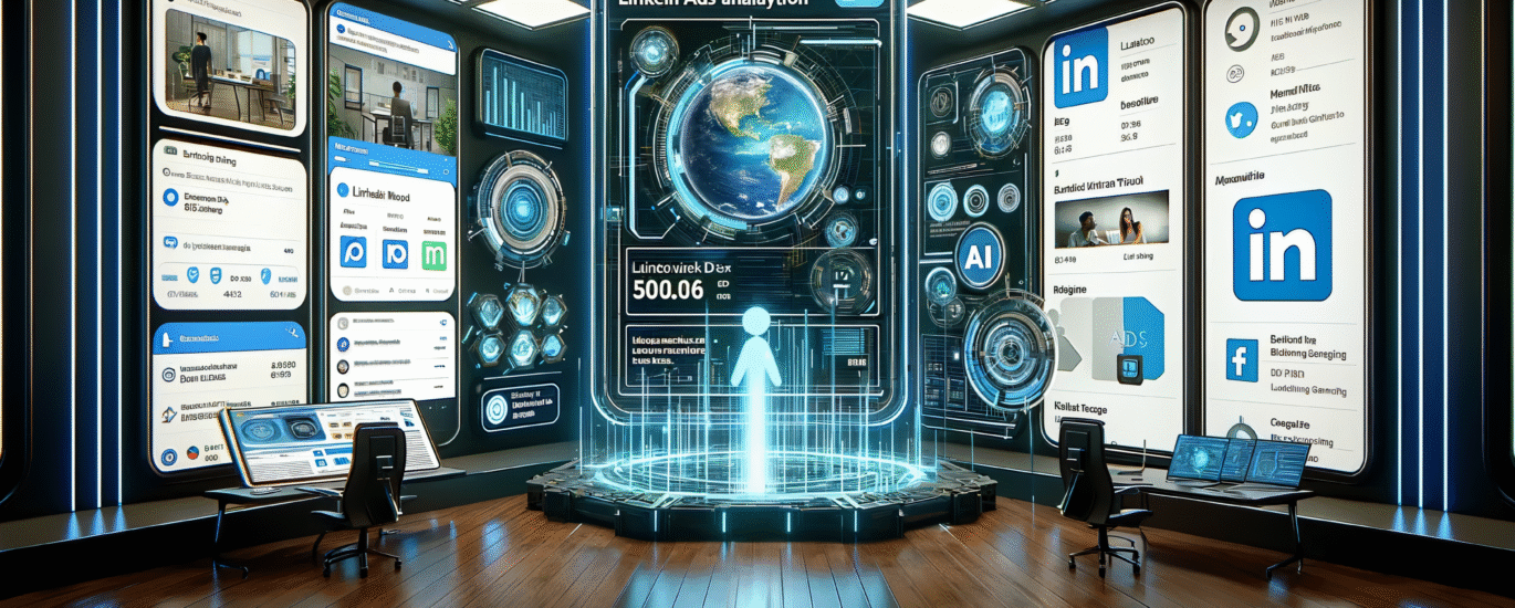 Futuristic LinkedIn Ads analysis room showcasing AI-powered dashboards, analytics, and campaign performance tools used for advanced digital marketing in 2025.