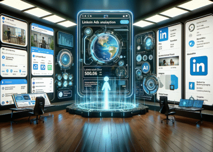Futuristic LinkedIn Ads analysis room showcasing AI-powered dashboards, analytics, and campaign performance tools used for advanced digital marketing in 2025.
