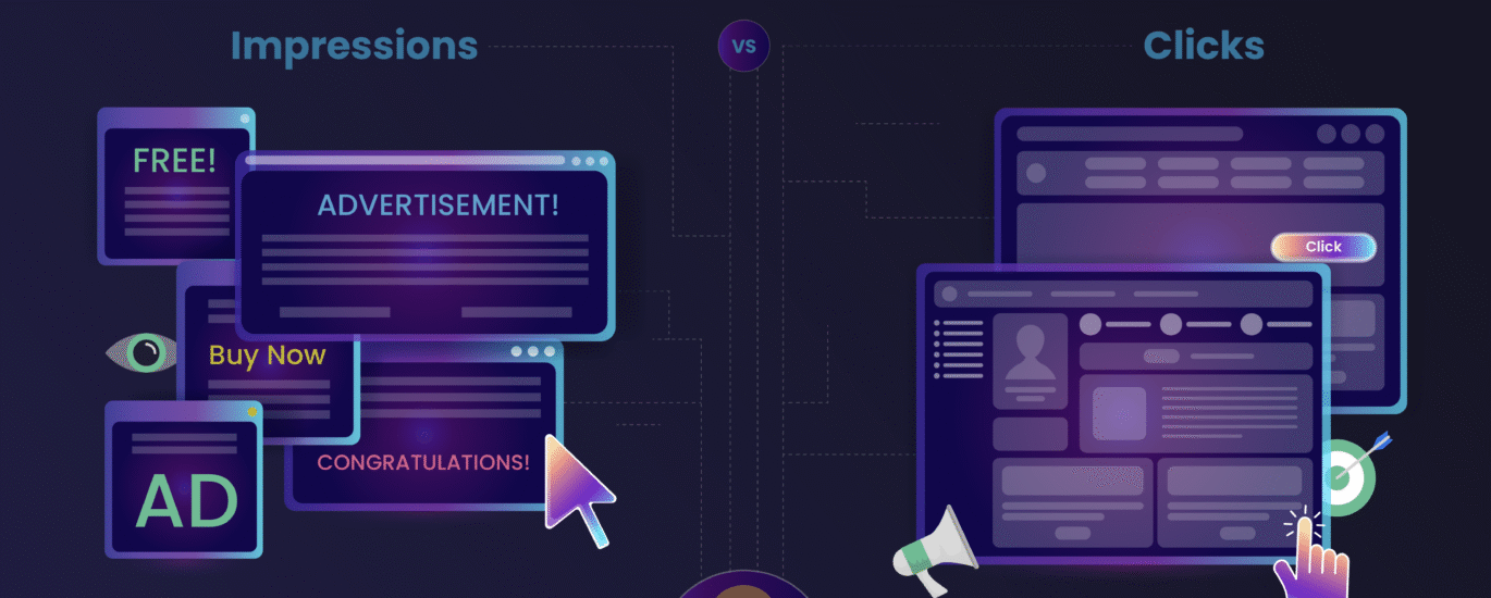 Illustration comparing digital ad impressions versus actual user clicks with marketing visuals.