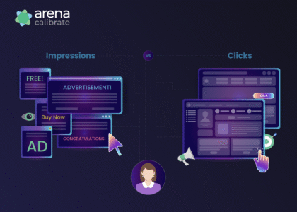Illustration comparing digital ad impressions versus actual user clicks with marketing visuals.