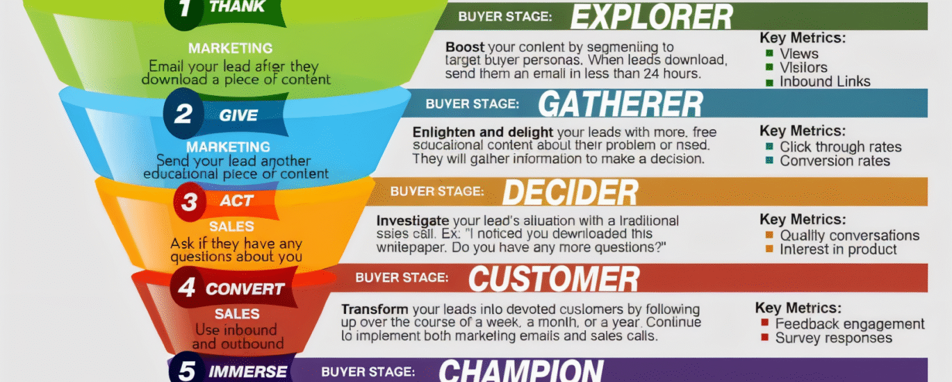 Lead nurturing funnel stages chart showing steps from thank-you emails to conversion and customer advocacy, with metrics like views, CTR, and referrals.