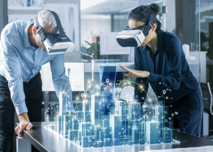 “Futuristic business executives using AI tools and data analytics dashboards, symbolizing corporate power users leading the AI revolution.”