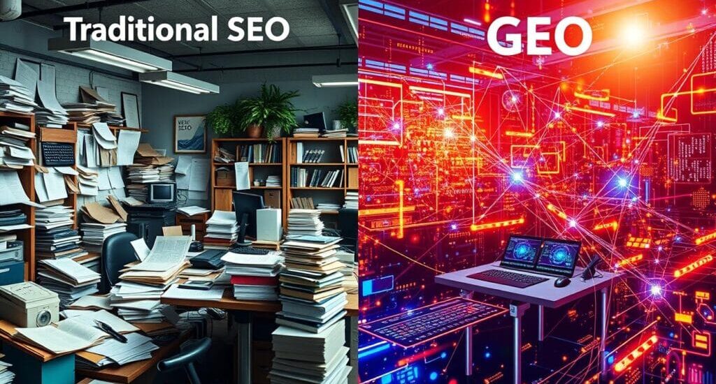 "Digital evolution from SEO to GEO, showing how AI-powered search transforms traditional keyword strategies into AI-friendly content optimization."