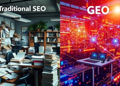 "Digital evolution from SEO to GEO, showing how AI-powered search transforms traditional keyword strategies into AI-friendly content optimization."