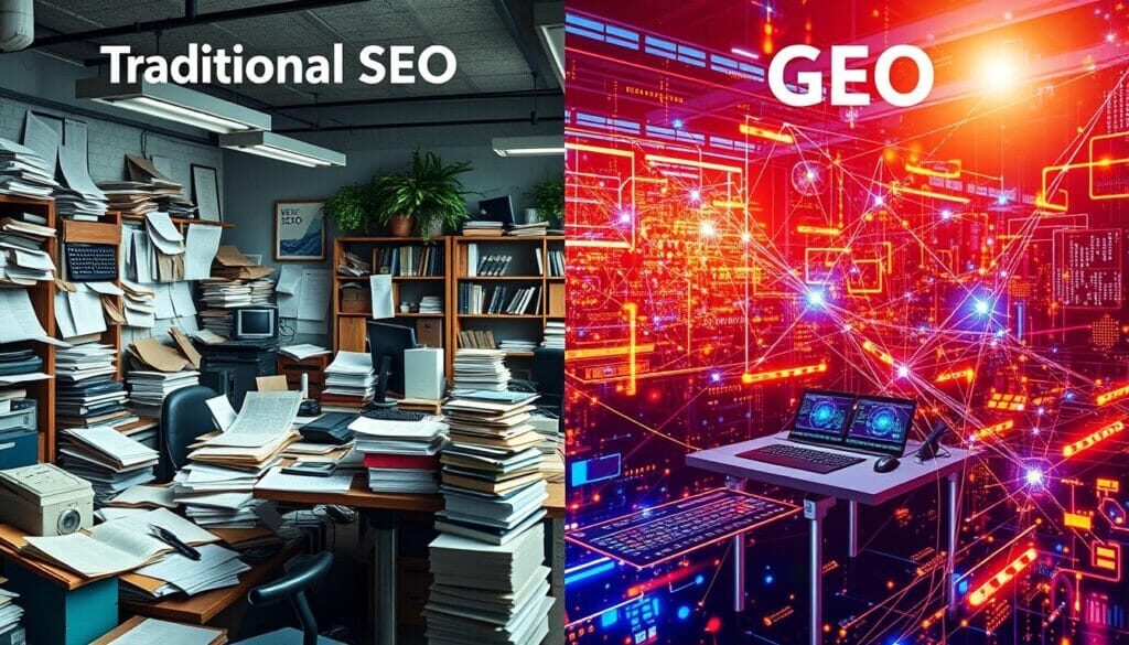 "Digital evolution from SEO to GEO, showing how AI-powered search transforms traditional keyword strategies into AI-friendly content optimization."