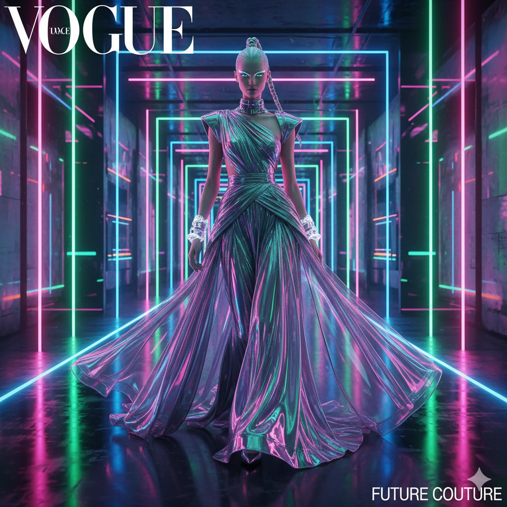 AI-powered virtual fashion photoshoot featuring a digital avatar in trendy clothes with studio lighting and luxury background.