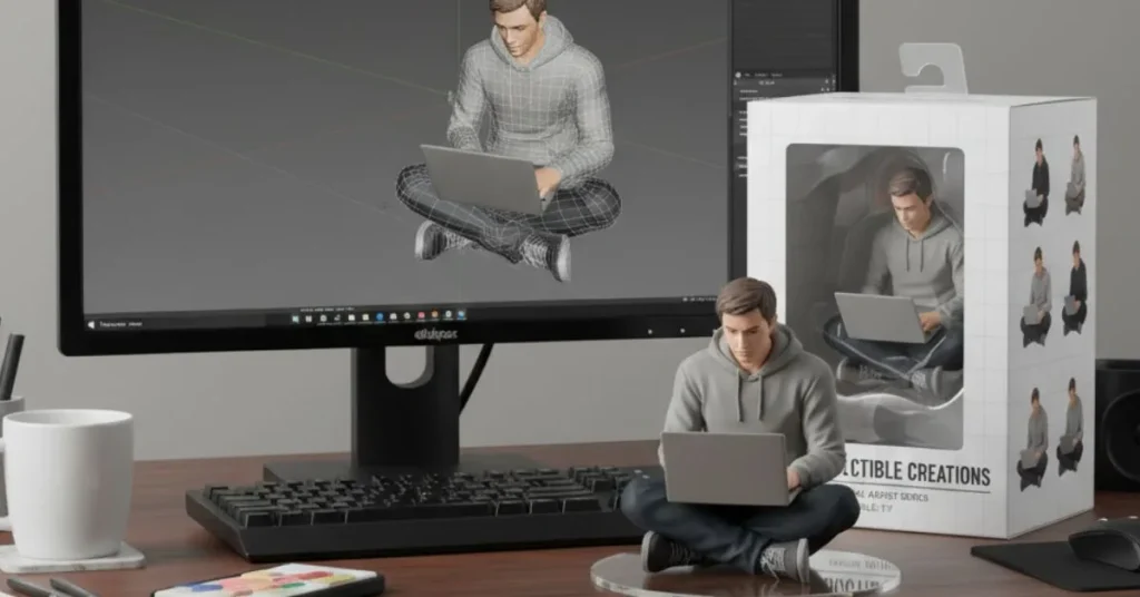 3D printed collectible figurine of a man working on a laptop, shown beside its packaging and digital 3D model on a computer screen.