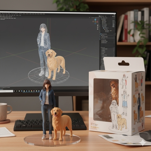 3D printed figurine of a woman with a dog, placed beside its packaging box and digital 3D model preview on a computer screen.